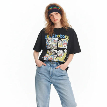 Retro Fun Doraemon Print Short Sleeve T-Shirt For Men And Women