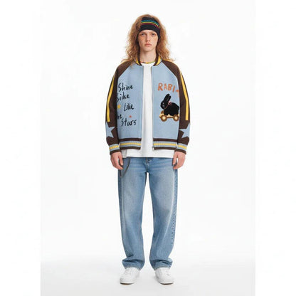 Retro cartoon rabbit letter jacquard knitted loose jacket for men and women | MuddyStock Originals