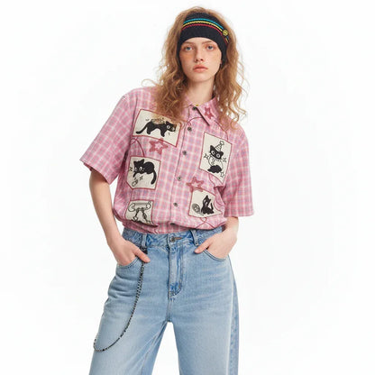 Retro Cute Cat Applique Embroidery Short Sleeve Shirt For Women | MuddyStock Originals MuddyStock