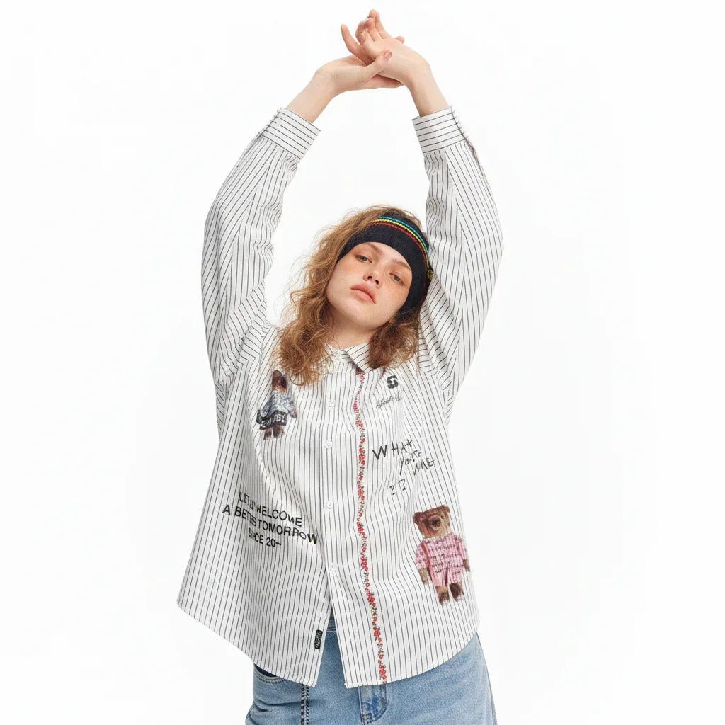Fun Bear Print Loose Striped Shirt For Women | MuddyStock Originals MuddyStock