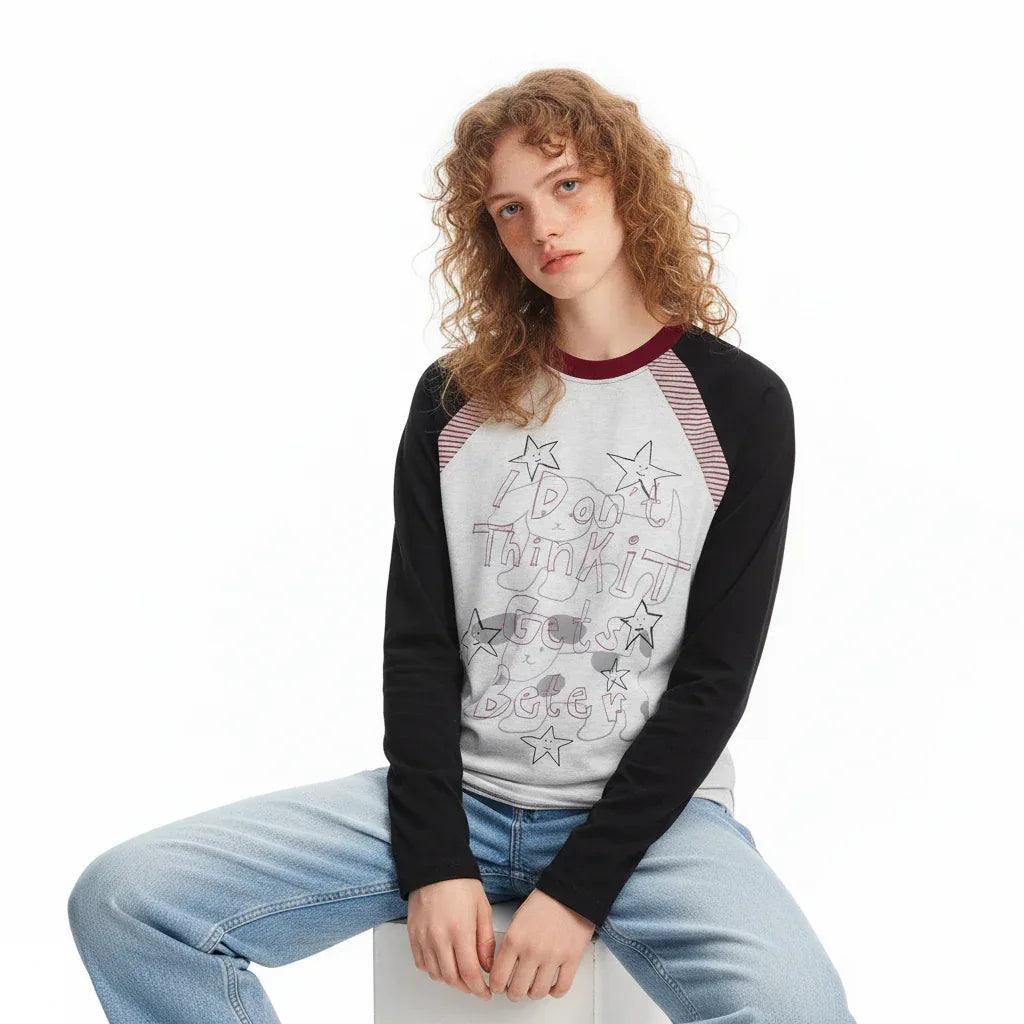 Hand drawn puppy striped patchwork long sleeved sweatshirt for men and women | MuddyStock Originals