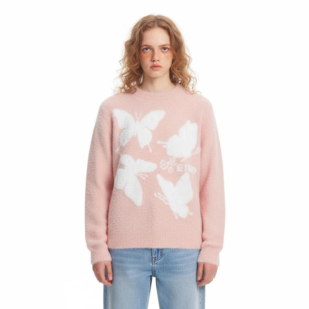 Butterfly jacquard round neck knitted sweater for women | MuddyStock Originals
