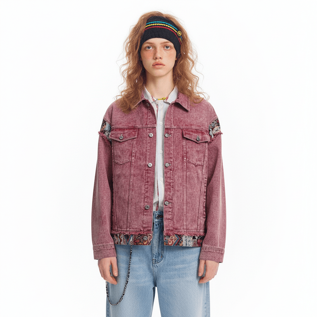 Jacquard patchwork washed denim jacket for women | MuddyStock Originals