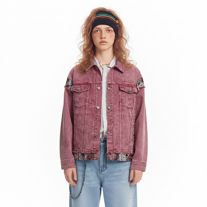 Jacquard patchwork washed denim jacket for women | MuddyStock Originals