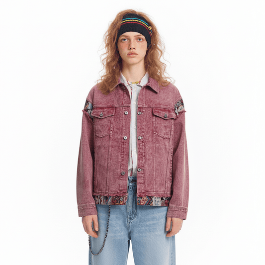 Jacquard patchwork washed denim jacket for women | MuddyStock Originals
