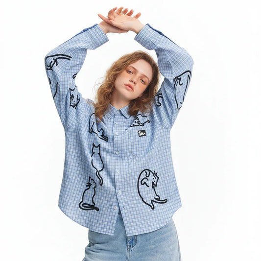 Blue checkered cat loose men and women long shirt | MuddyStock Originals eprolo