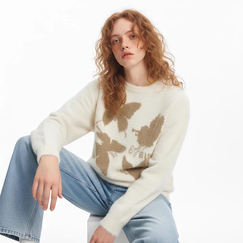Butterfly jacquard round neck knitted sweater for women | MuddyStock Originals