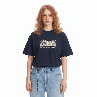 Solid Color Chest Printed Round Neck T-shirt For Men And Women