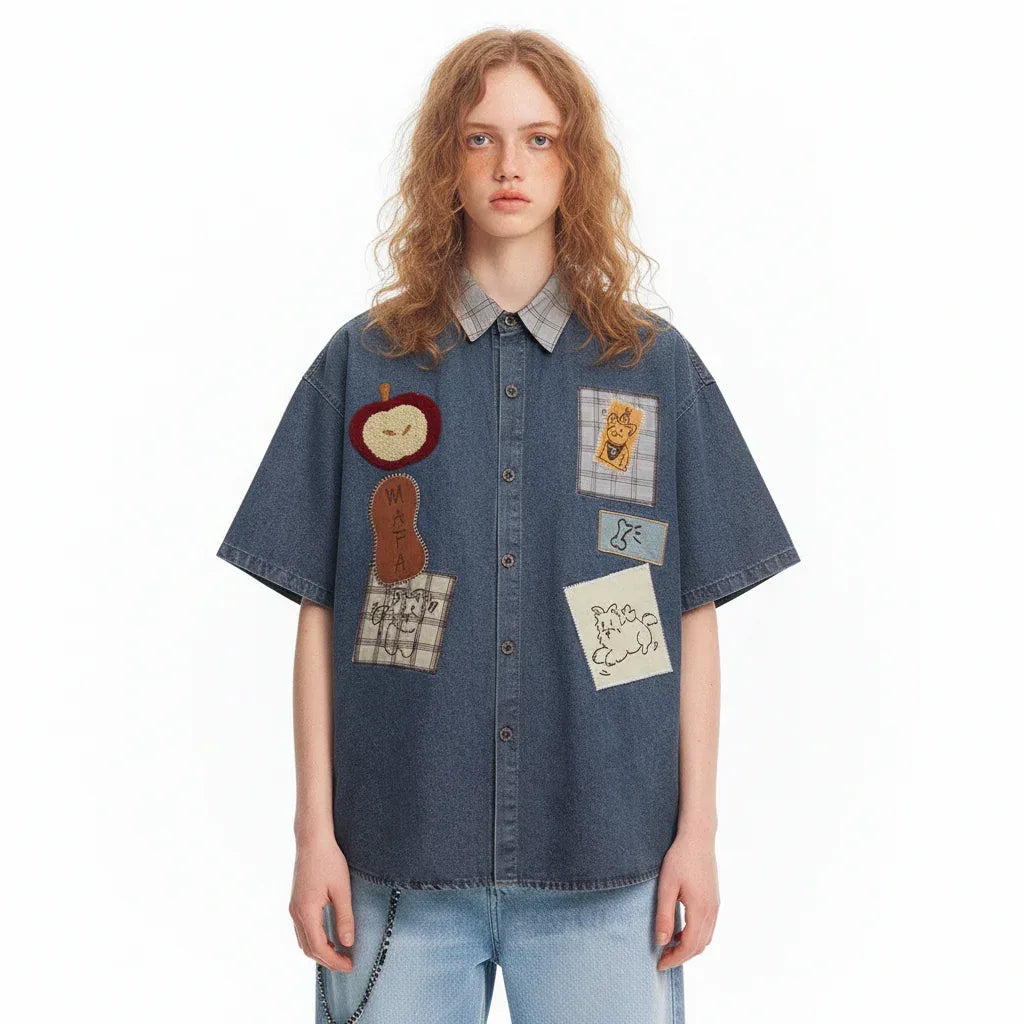 Retro Dog Embroidery Splicing Turn-Down Collar Denim Short Sleeve Shirt For Men Ands Women MuddyStock