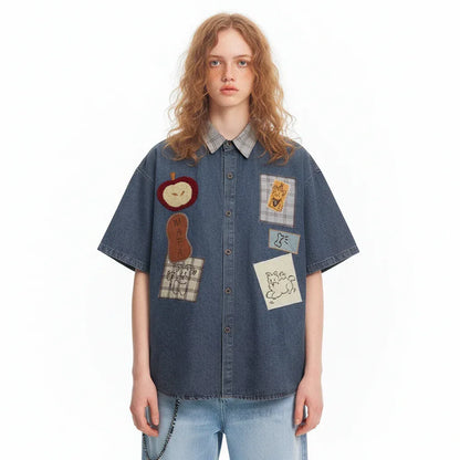 Retro Dog Embroidery Splicing Turn-Down Collar Denim Short Sleeve Shirt For Men Ands Women MuddyStock