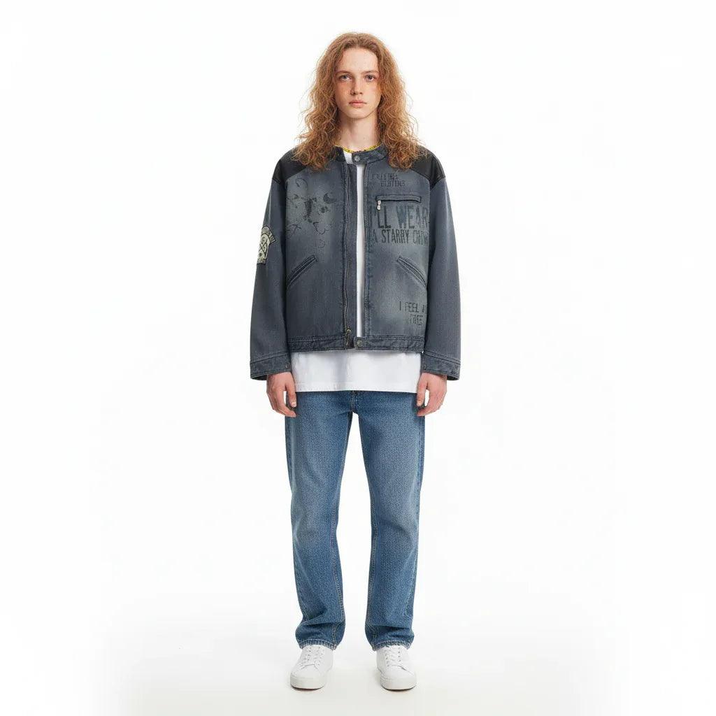 Leather Patchwork Distressed Printed Stand Collar Jacket For Men And Women | MuddyStock Originals