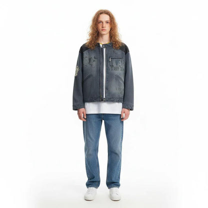 Leather Patchwork Distressed Printed Stand Collar Jacket For Men And Women | MuddyStock Originals