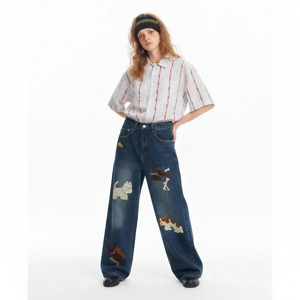 Puppy patchwork embroidered washed denim jeans for men and women | MuddyStock Originals