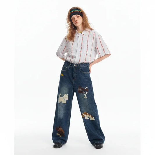 Puppy patchwork embroidered washed denim jeans for men and women | MuddyStock Originals