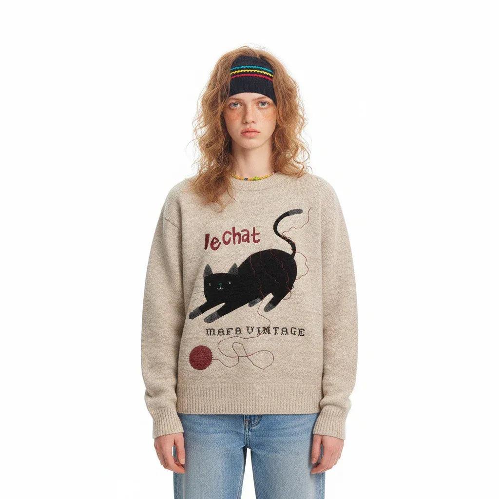 Retro Fun Cute Cat Jacquard Knit Sweater for Women | MuddyStock Originals