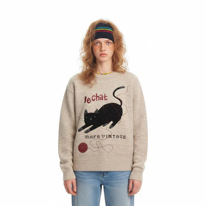 Retro Fun Cute Cat Jacquard Knit Sweater for Women | MuddyStock Originals