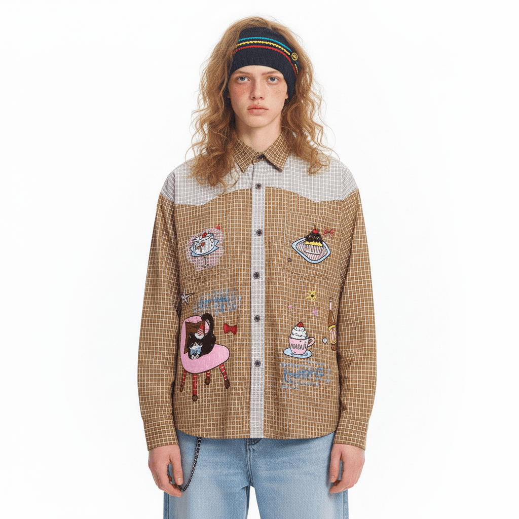 Cartoon embroidery color blocked checkered long sleeved shirt for women | MuddyStock Originals