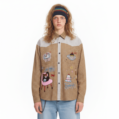 Cartoon embroidery color blocked checkered long sleeved shirt for women | MuddyStock Originals