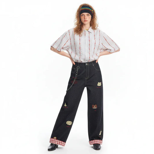 Washed vintage puppy embroidered lazy jeans for women | MuddyStock Originals