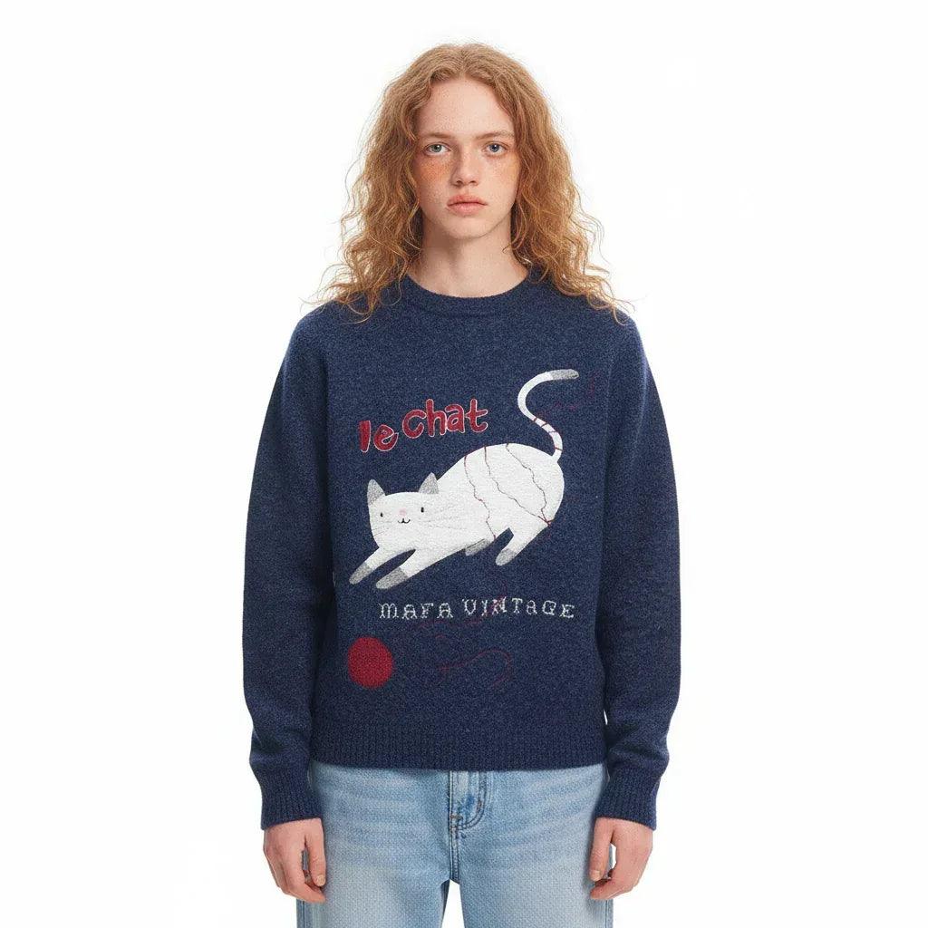 Retro Fun Cute Cat Jacquard Knit Sweater for Women | MuddyStock Originals