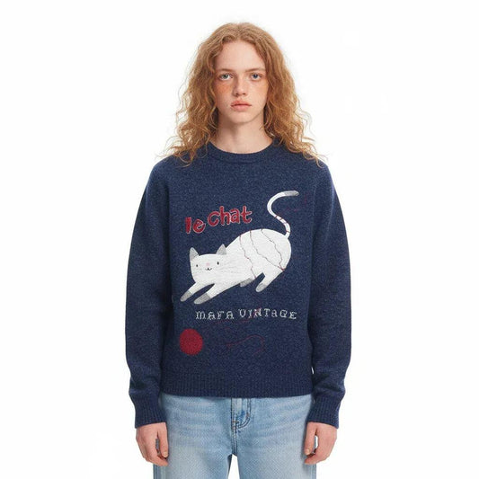 Retro Fun Cute Cat Jacquard Knit Sweater for Women | MuddyStock Originals