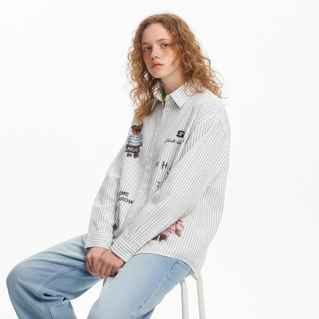 Fun Bear Print Loose Striped Shirt For Women | MuddyStock Originals MuddyStock