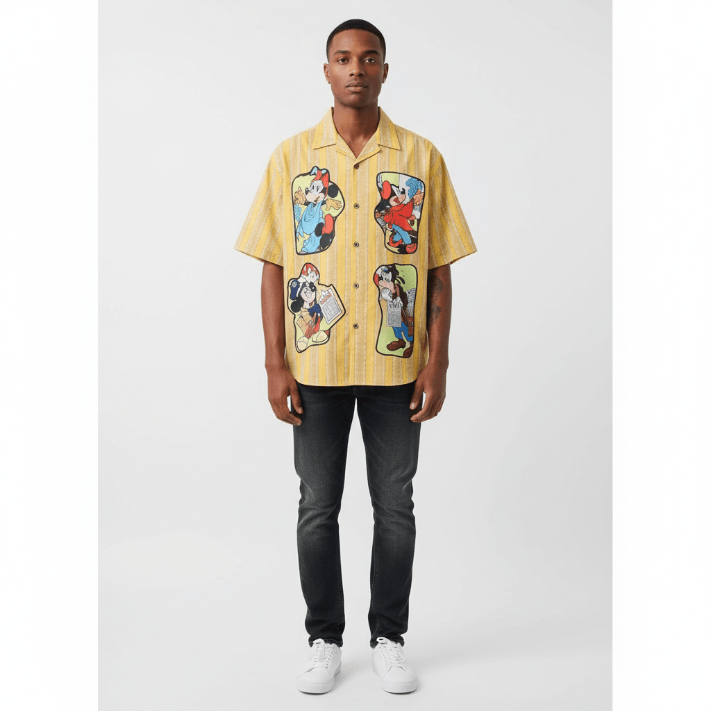 Retro Cartoon Applique Striped Short Sleeve Shirt for Men and Women | MuddyStock Originals