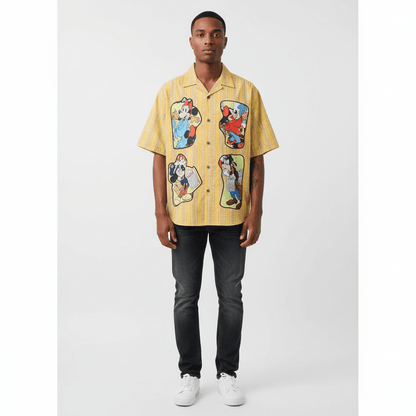 Retro Cartoon Applique Striped Short Sleeve Shirt for Men and Women | MuddyStock Originals