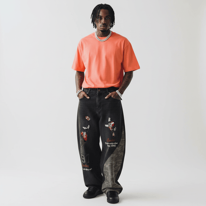 Retro cartoon embroidered patchwork jeans for men | MuddyStock Originals