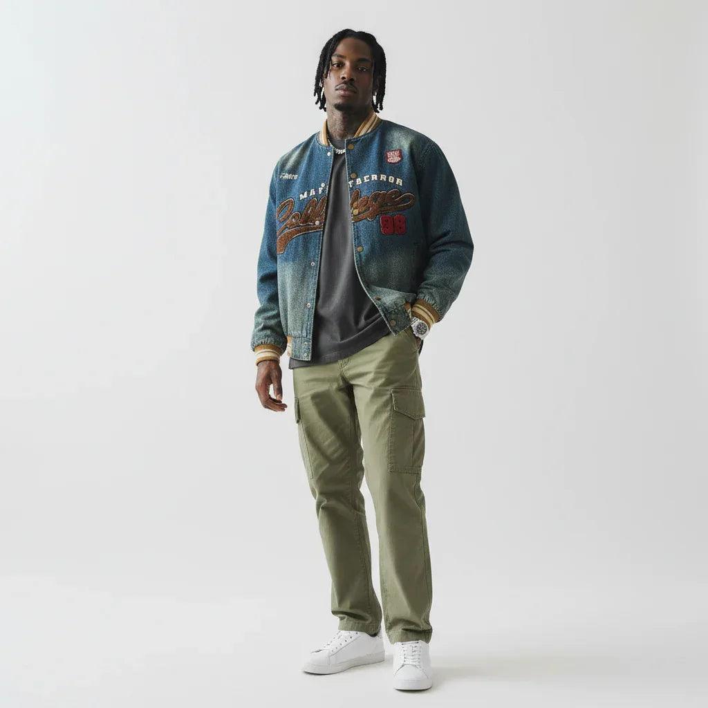 Vintage Washed Letter Embroidery Baseball Jacket for Men | MuddyStock Originals