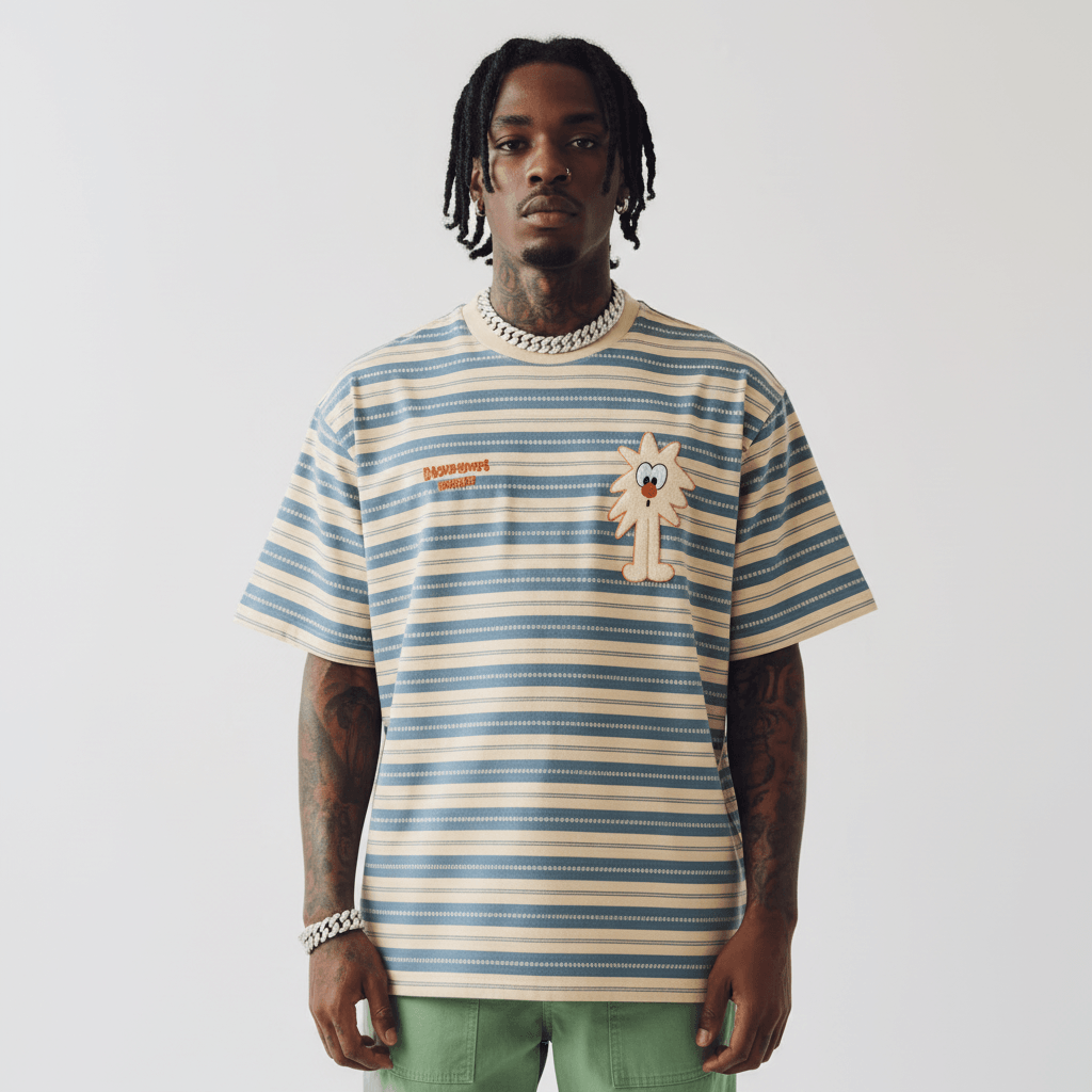 Cartoon embroidered striped short sleeved T-shirt for men | MuddyStock Originals