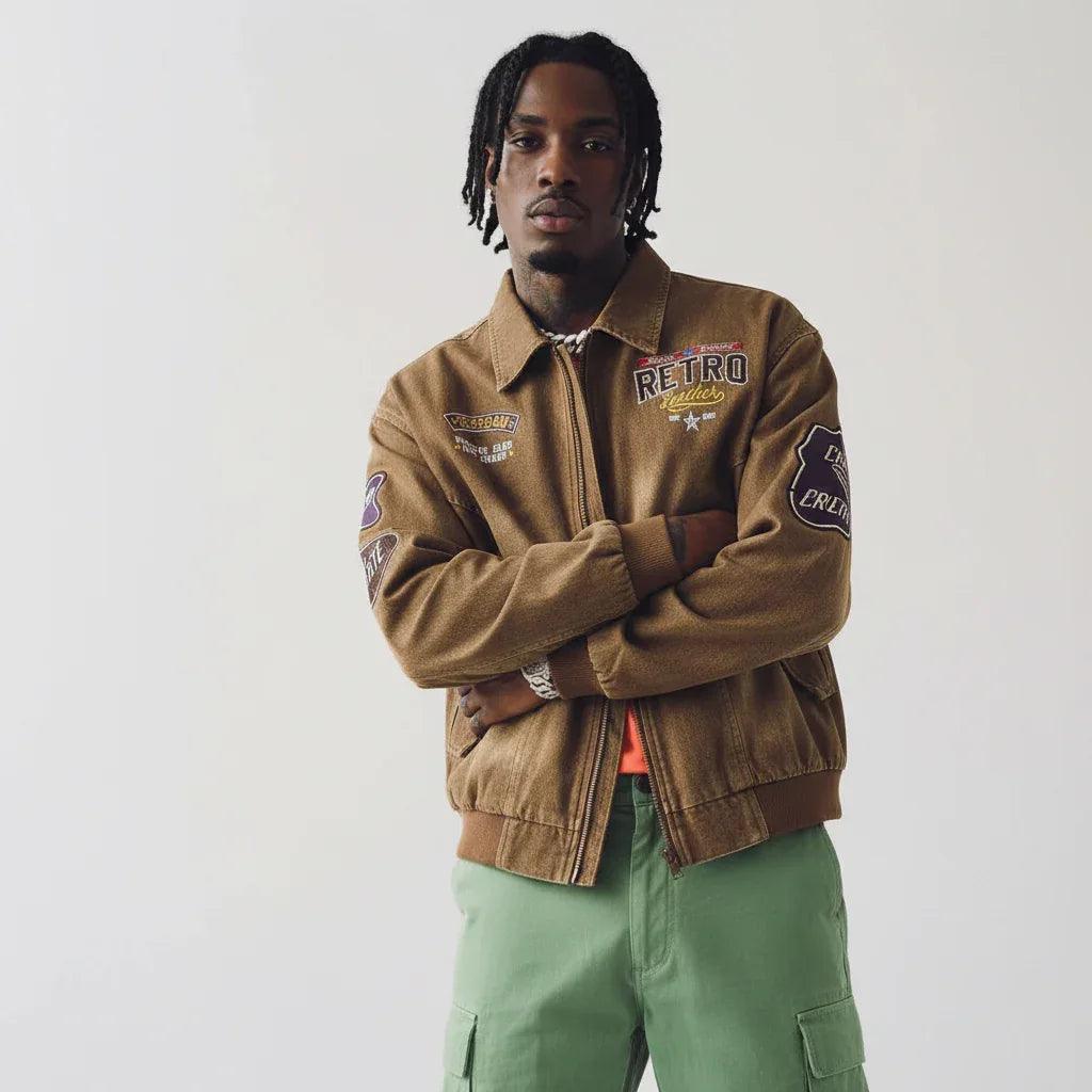 Retro Letter Embroidery Streetwear Cargo Jacket for Men | MuddyStock Originals