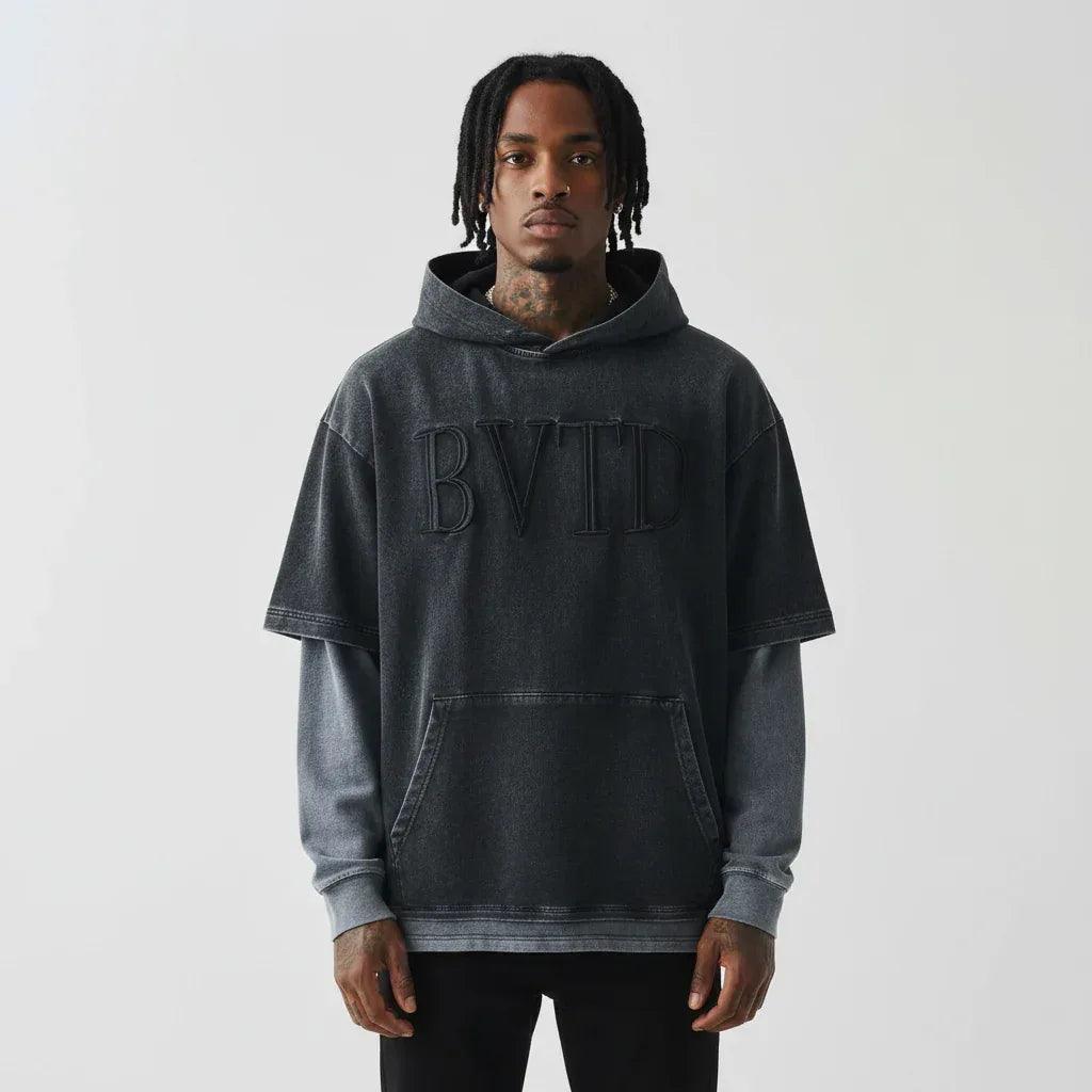 Retro embroidered letter color blocked hoodie for men | MuddyStock Originals