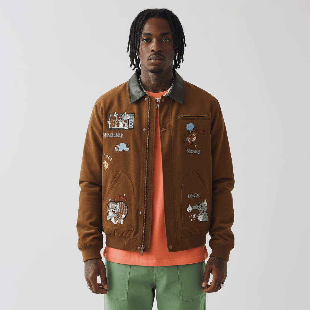Fun Cartoon Embroidered Turn-Down Collar Jacket For Men | MuddyStock Originals