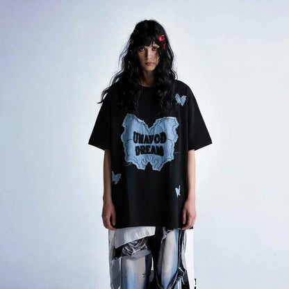Denim Patch Decorative Short Sleeve T-Shirt For Women | MuddyStock Originals