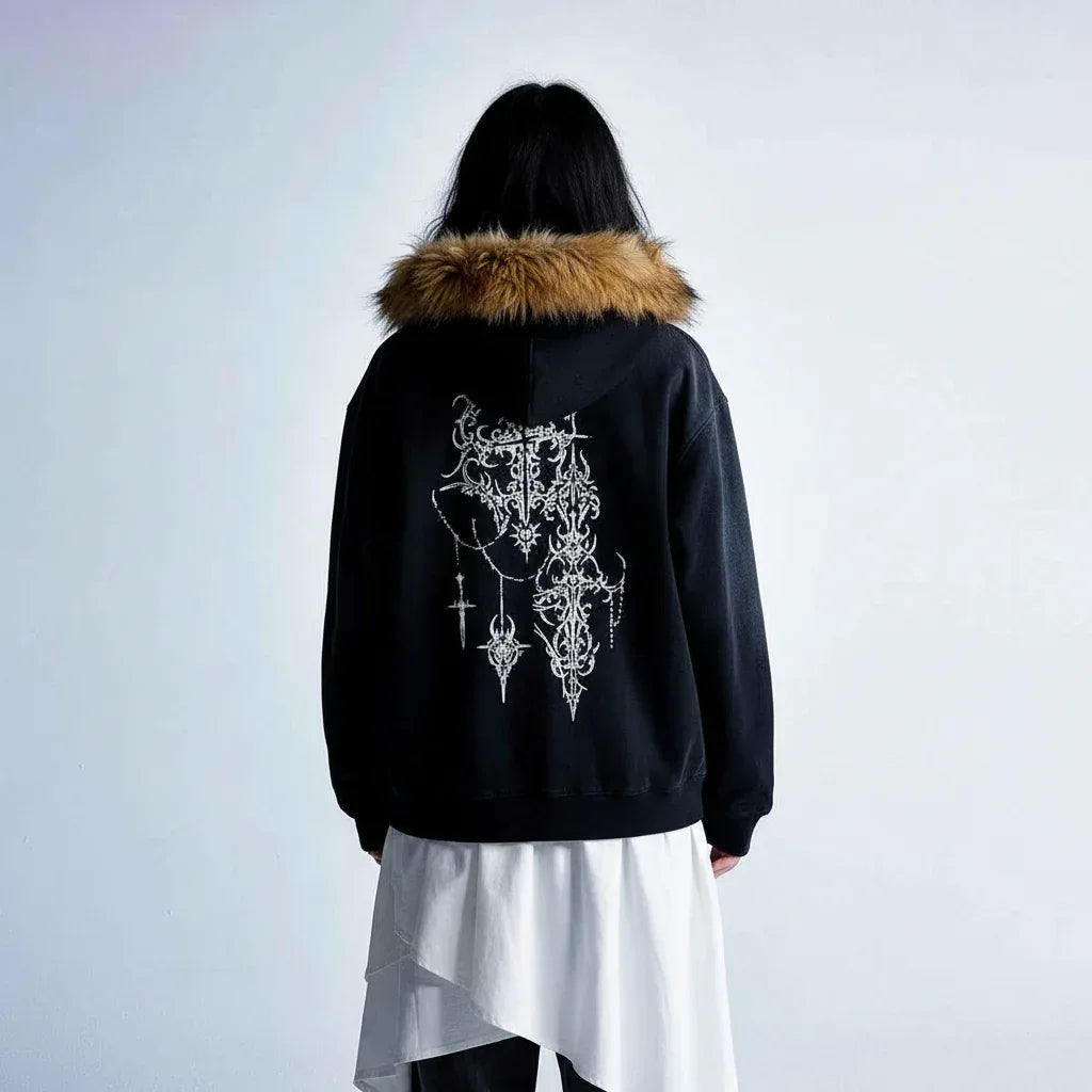 High Street Gothic Style Printed Fur Collar Hoodie for Men | MuddyStock Originals