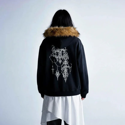 High Street Gothic Style Printed Fur Collar Hoodie for Men | MuddyStock Originals