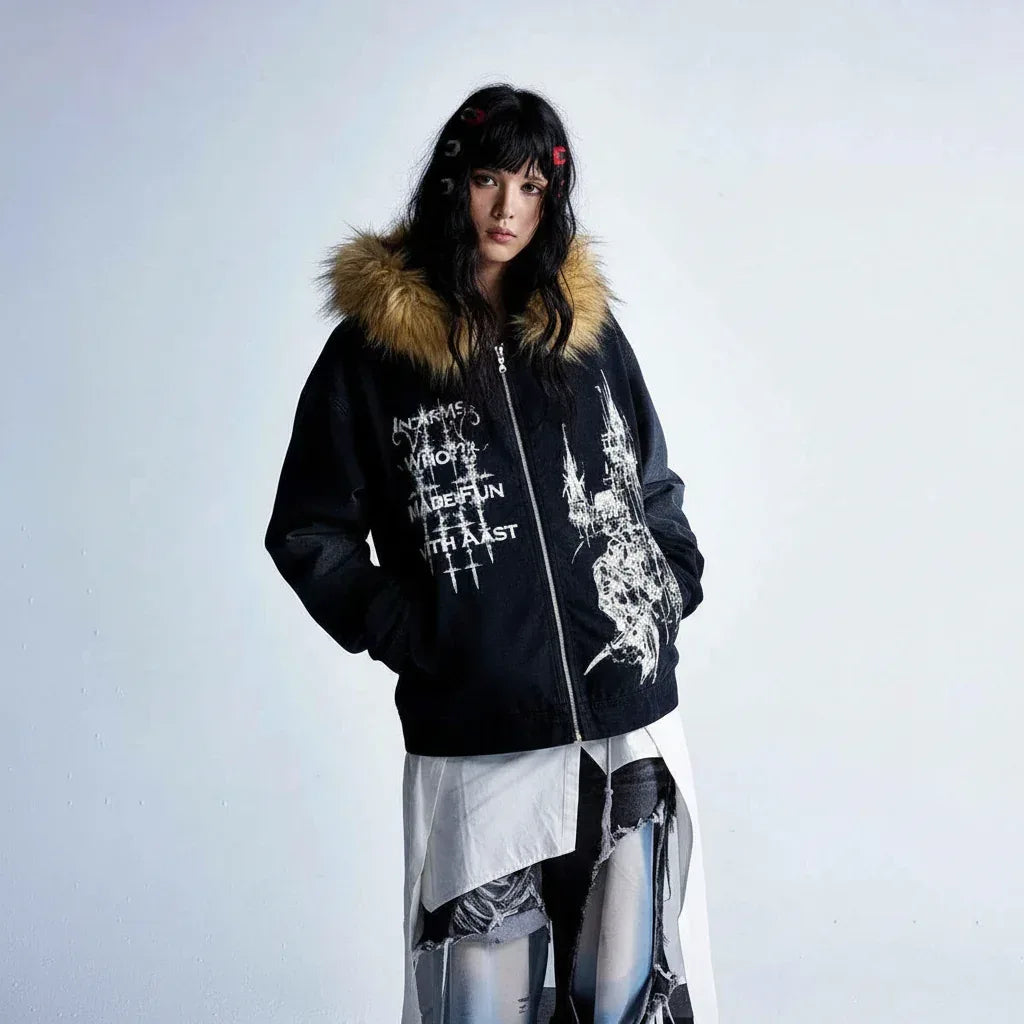 High Street Gothic Style Printed Fur Collar Hoodie for Men | MuddyStock Originals