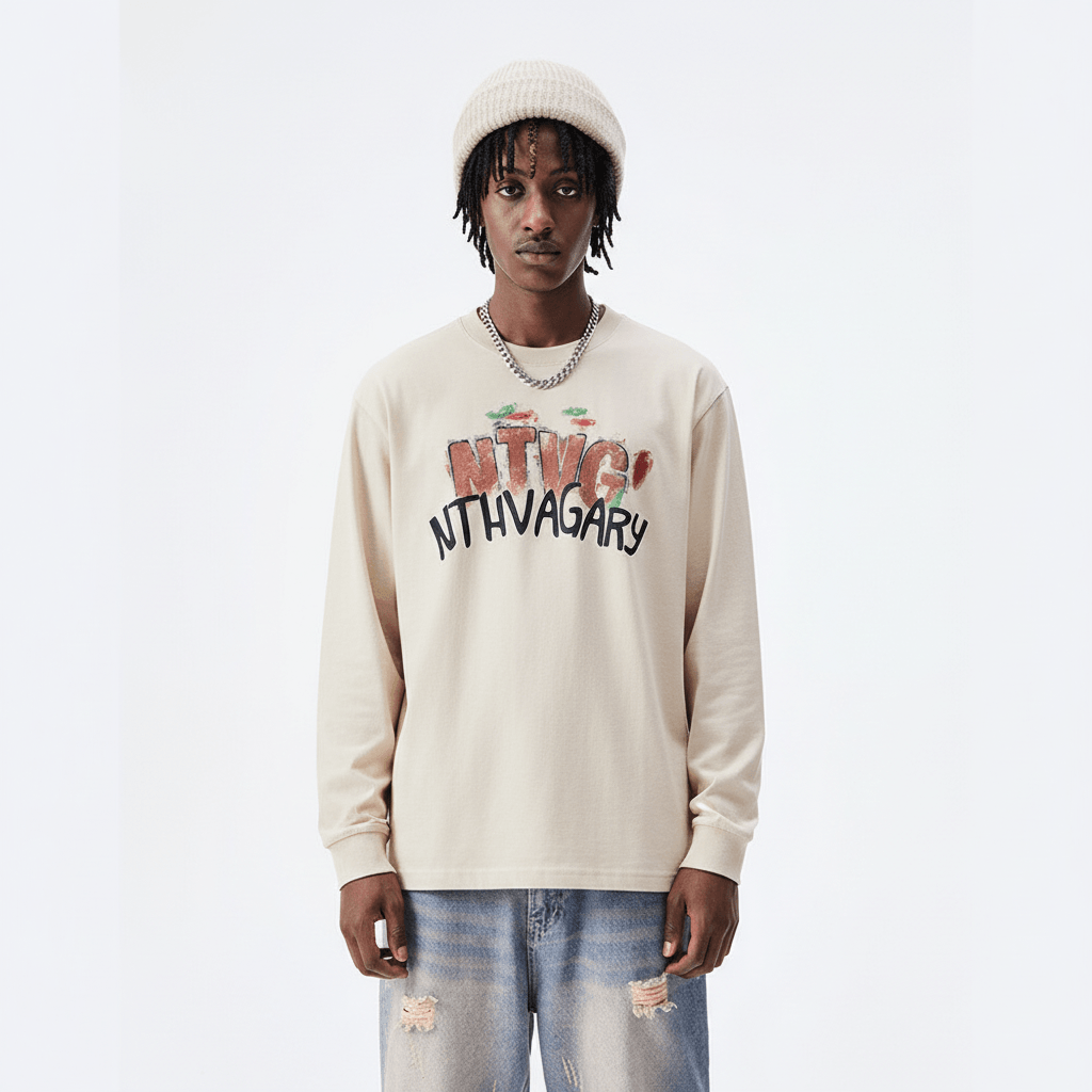 Hand drawn graffiti letter printed long sleeved shirt for men | MuddyStock Originals