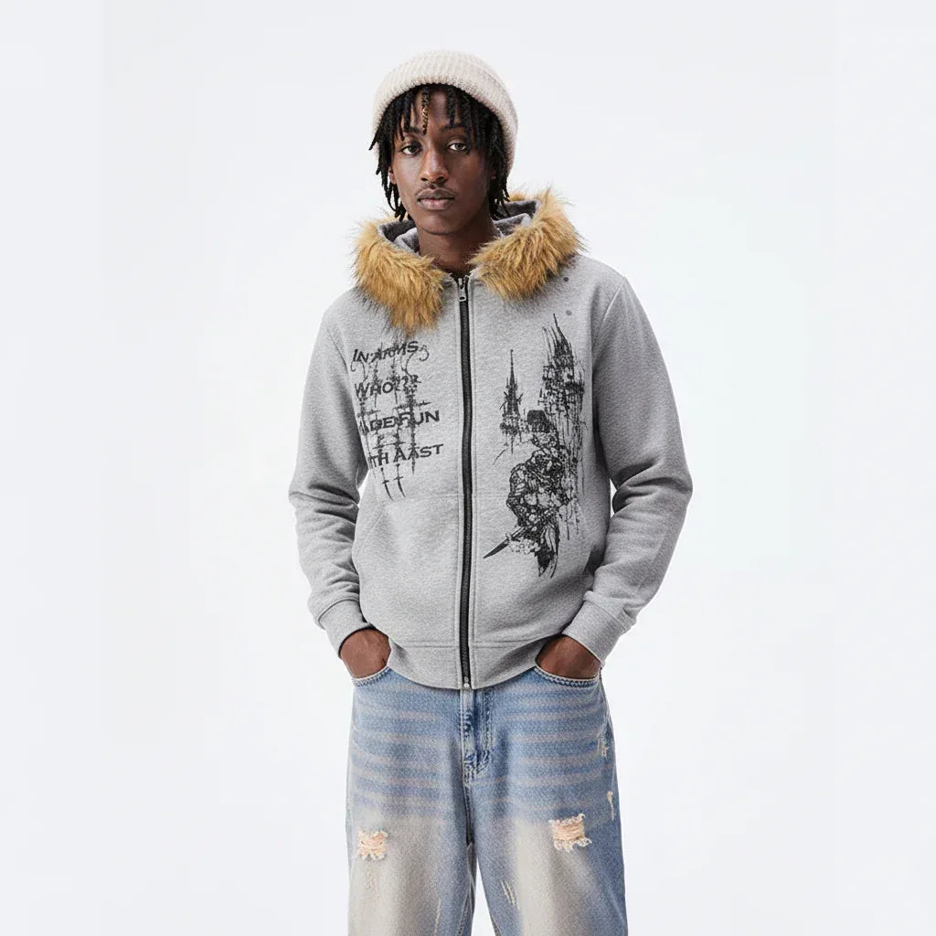High Street Gothic Style Printed Fur Collar Hoodie for Men | MuddyStock Originals