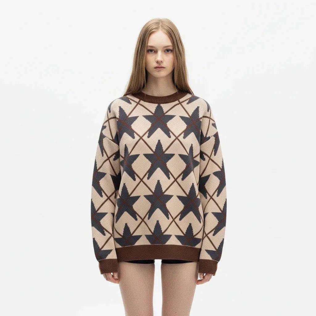 Jacquard Crewneck Loose Pullover Sweater For Women | MuddyStock Originals