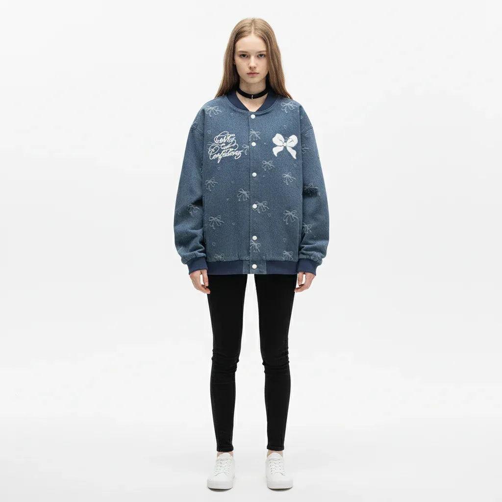 Bow Loose Baseball Uniform Coat For Women