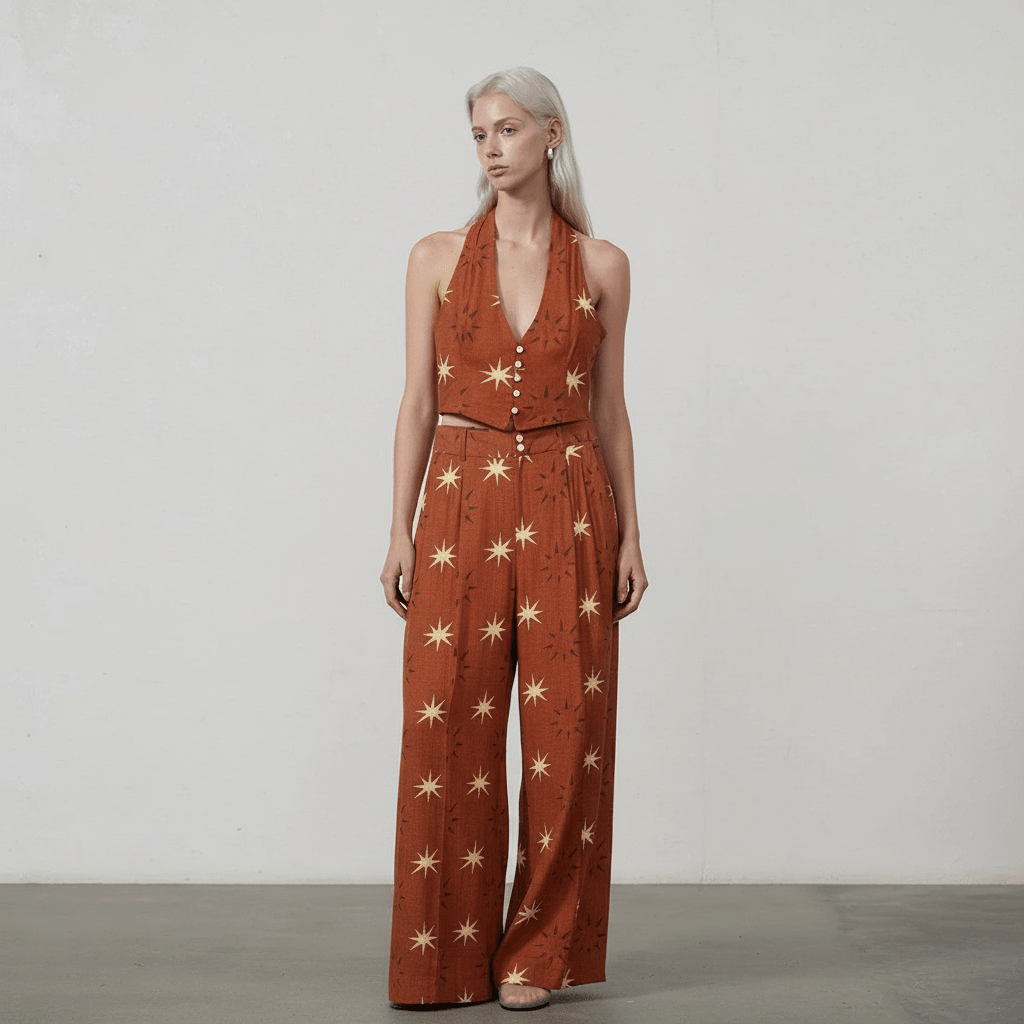 Printed linen blend top+straight leg pants set for women | MuddyStock Originals