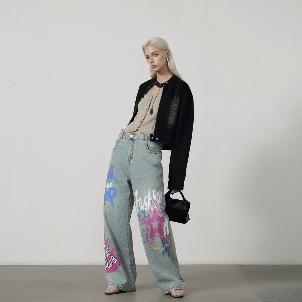 Casual Letter Print Straight Cut Jeans For Women | MuddyStock Originals