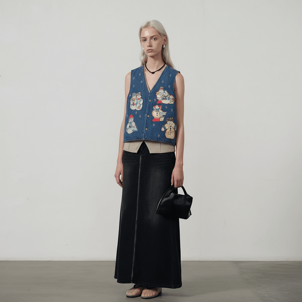 Washed Cartoon Snowman Printed Vintage Vest For Women | MuddyStock Originals