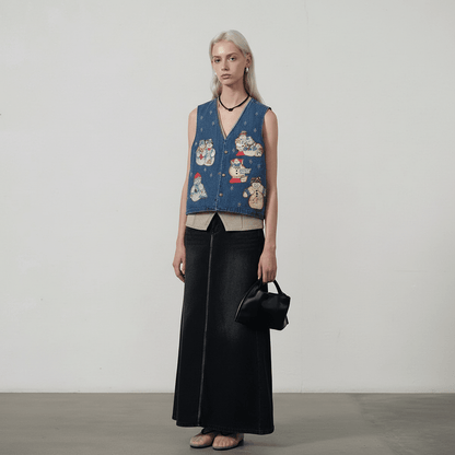 Washed Cartoon Snowman Printed Vintage Vest For Women | MuddyStock Originals