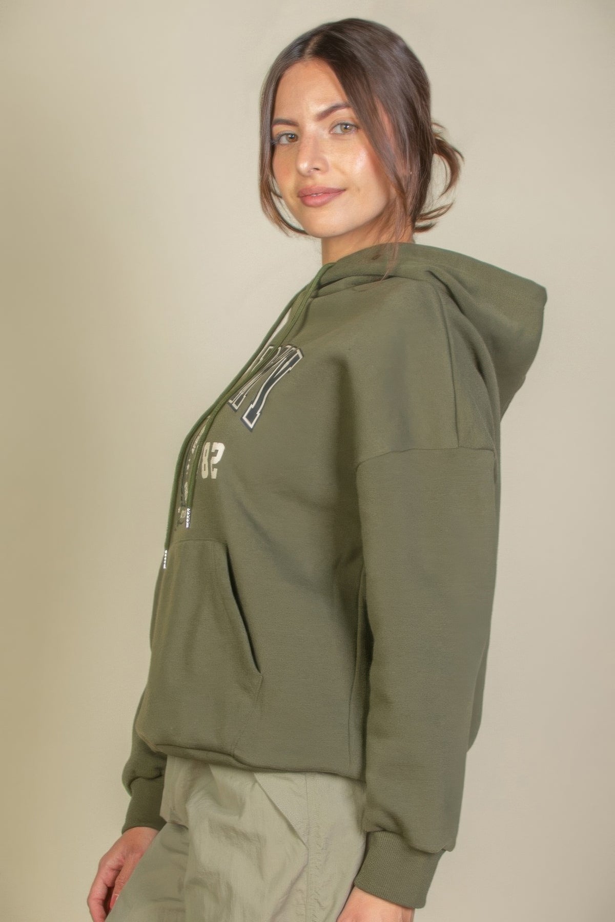 Graphic Kangaroo Pocket Drawstring Hoodie For Women Olive