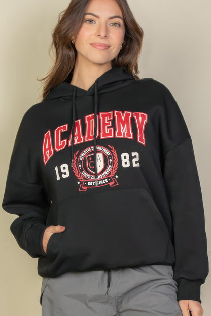 Graphic Kangaroo Pocket Drawstring Hoodie For Women Black