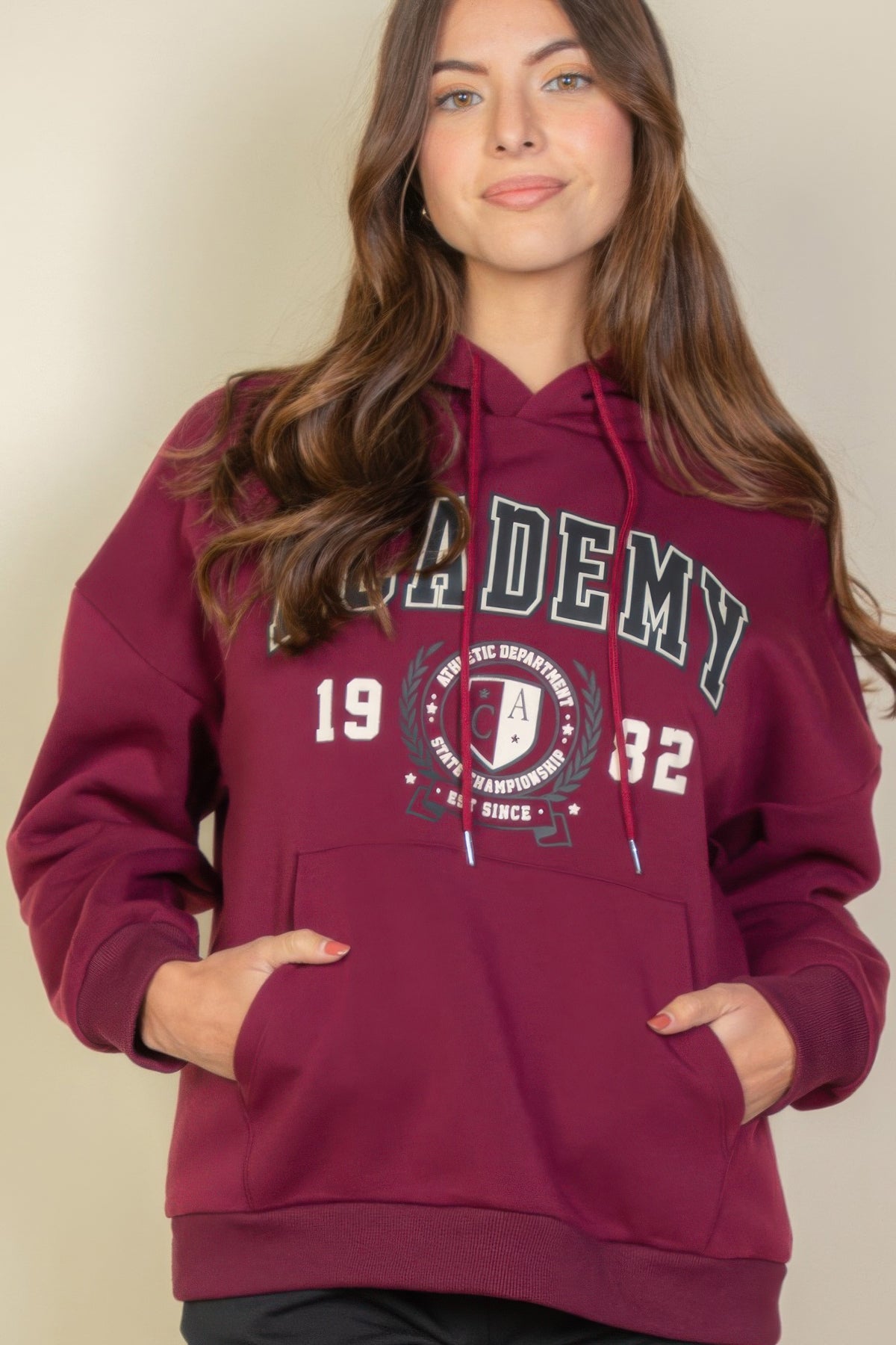 Graphic Kangaroo Pocket Drawstring Hoodie For Women Burgundy