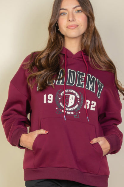 Graphic Kangaroo Pocket Drawstring Hoodie For Women Burgundy